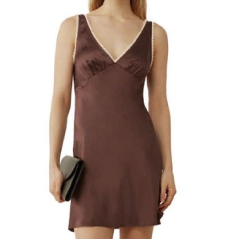 Reformation Brown Silk Keaton Mini Dress